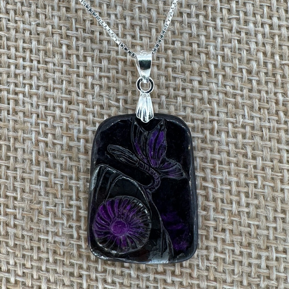 Natural Sugilite Butterfly and Flower Pendant Necklace on Sterling Silver Chain